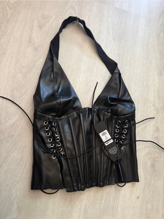Fashion Nova Tops - Faux Leather Black Halter Corset Top